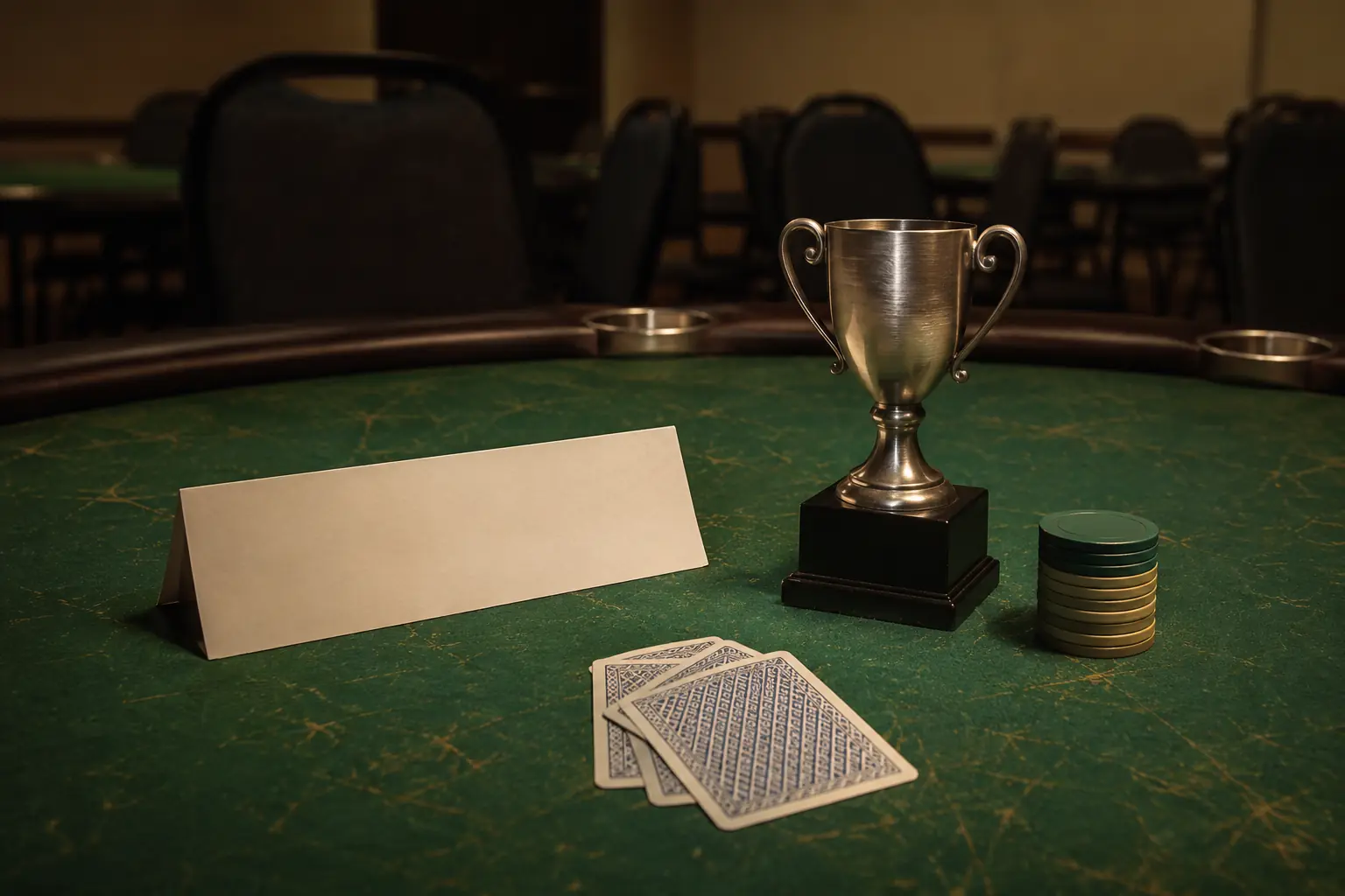 A modest unbranded metal trophy, face-down cards, and a stack of generic chips on a scratched community tournament table