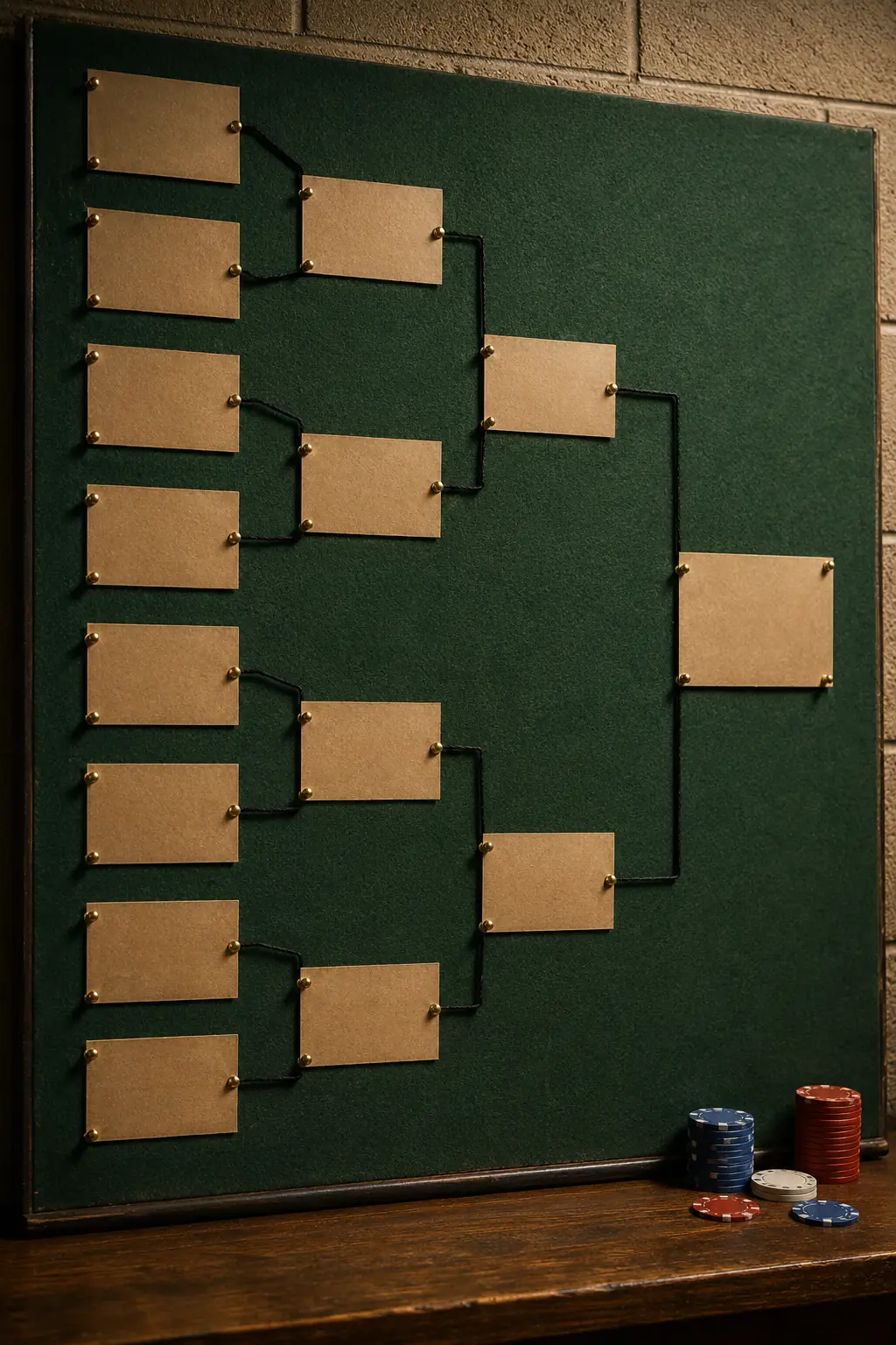 A physical blank tournament bracket board made from kraft cards, black cord, and generic poker chips