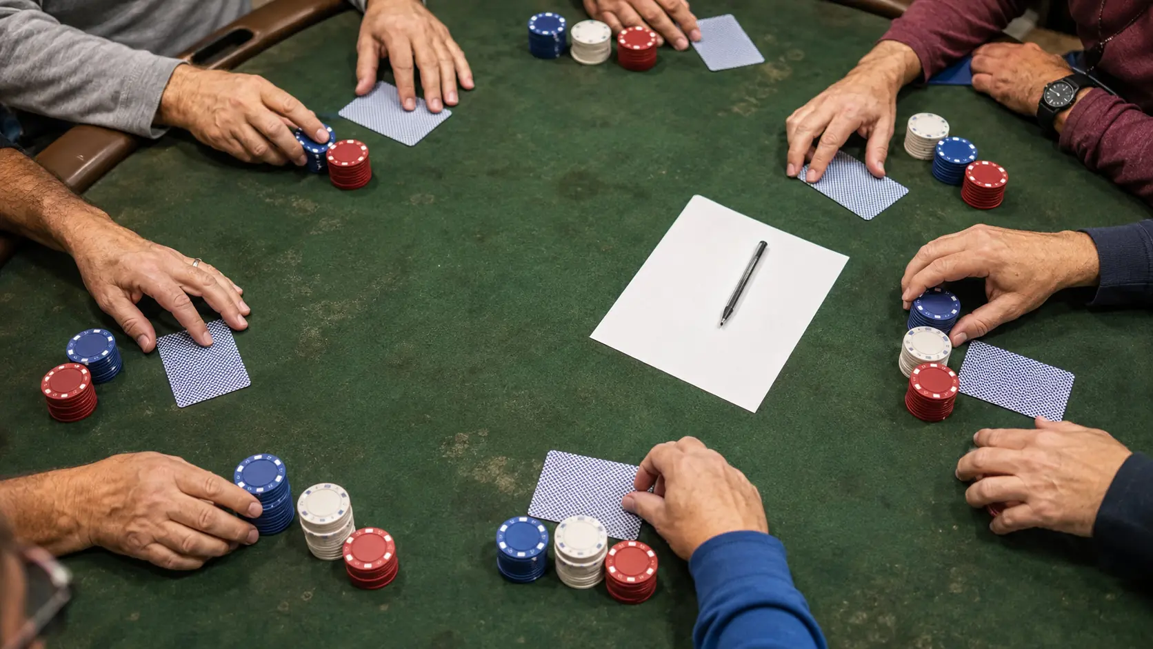 Diverse adult amateur players' hands arranging generic chips around a green felt table